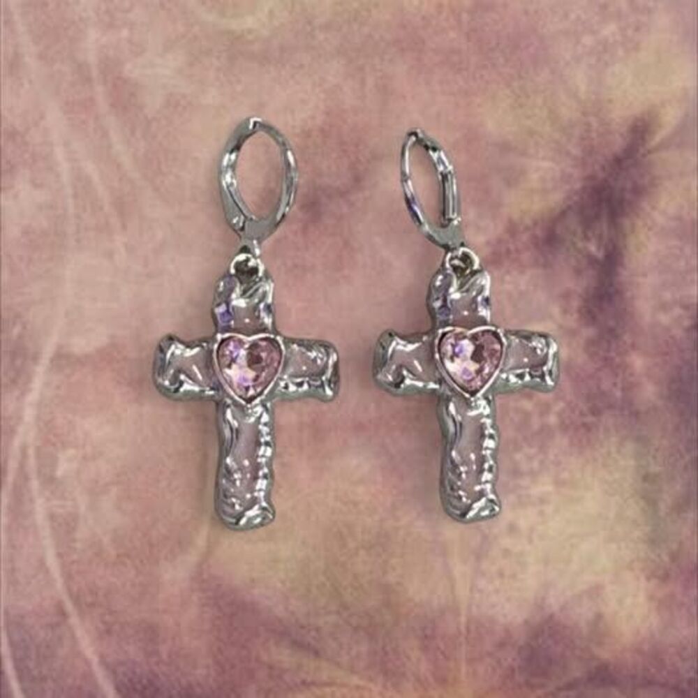 y2k style sweetest silver plated cross earrings with pink heart charm
